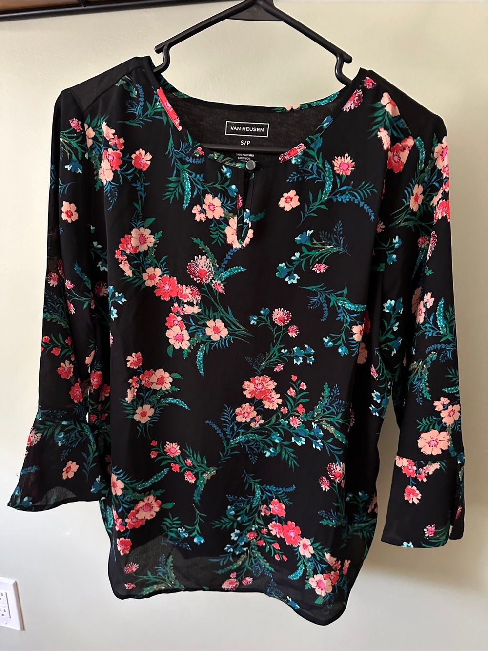 Van Heusen Black Floral Blouse with Pink & Teal Accents